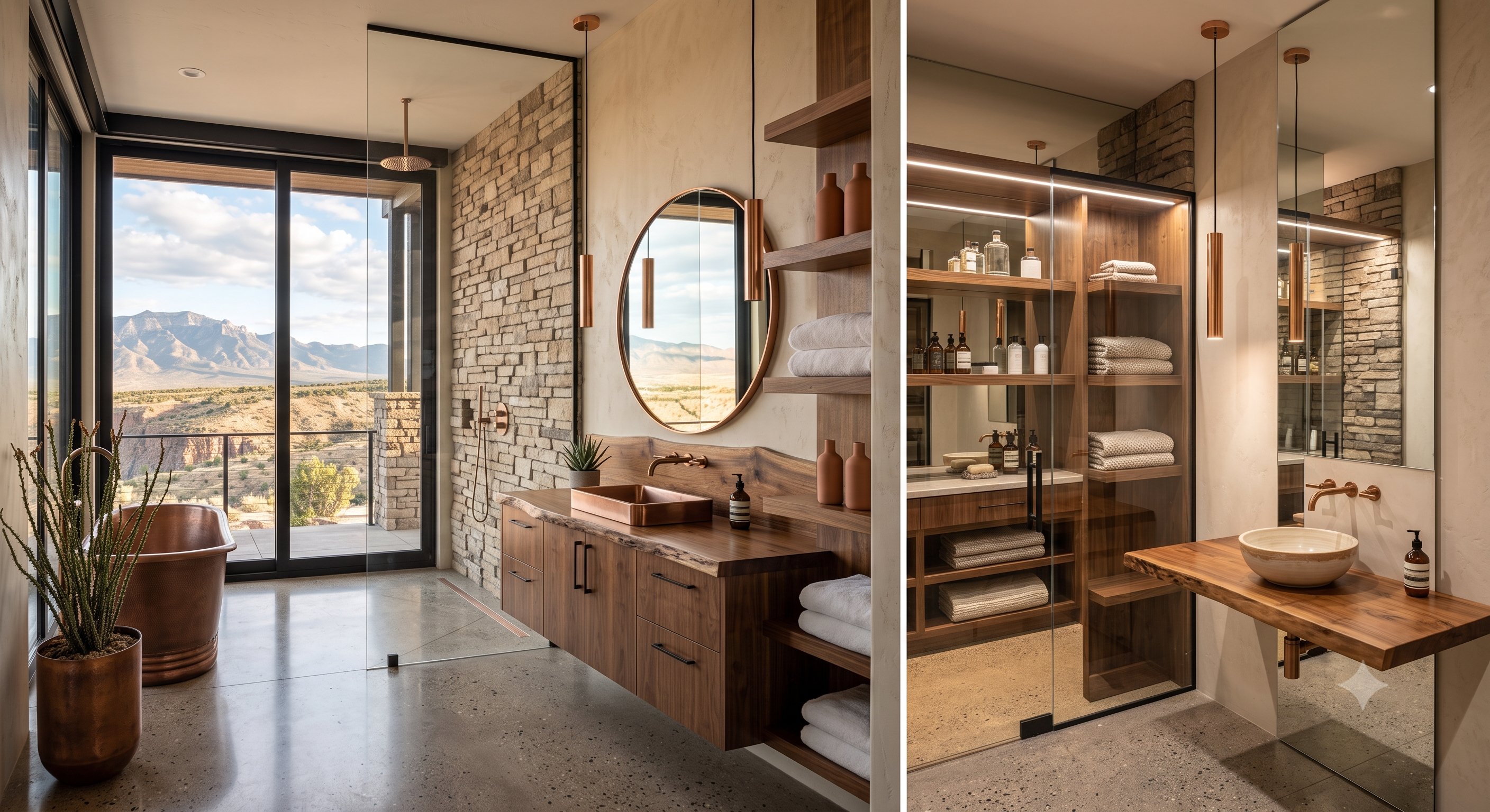 Primary bath with copper soaking tub and stone accent wall