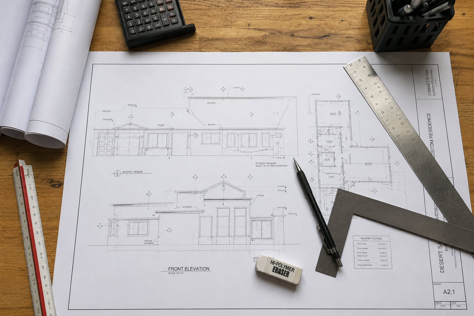 Custom residence drawings on drafting desk