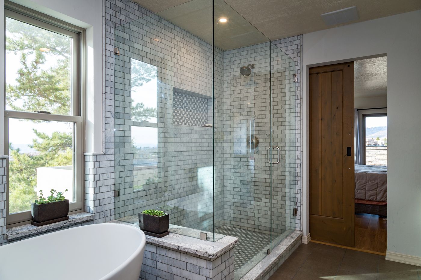 Glass Shower & Wood Door